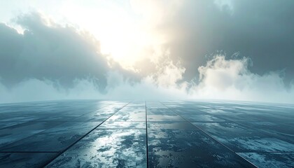 A serene, wide image showcasing a wet, tiled floor reflecting the cloudy sky above. The sun peeks through the ethereal clouds