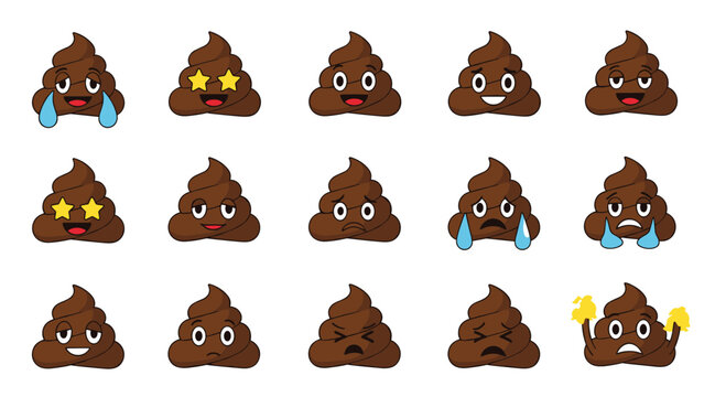 Grid of fifteen cute brown poop emoji characters displaying a wide range of facial expressions from happy and laughing to crying and angry.
