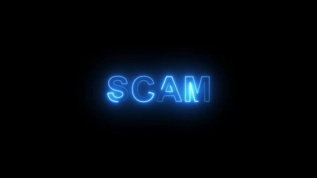 glowing scam text, 4k video Motion Graphics animation. black background .