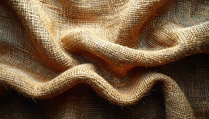Close-up of a rustic, textured fabric with intricate weaving and varying tones of brown and beige, creating a sense of depth