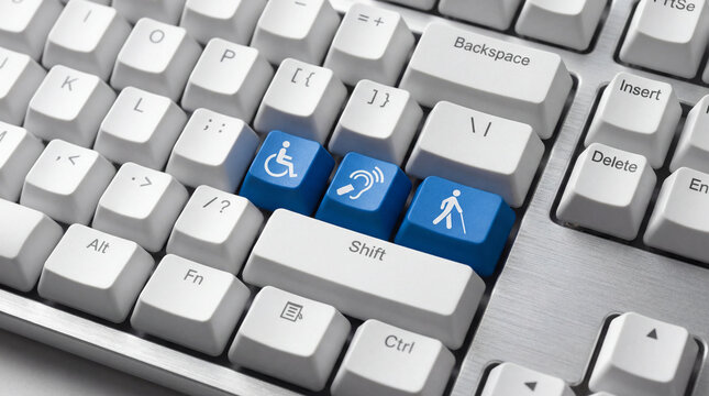 Close up of computer keyboard featuring blue accessibility keys with disability icons, symbolizing inclusive design, equal digital access, assistive technology, and user support.
