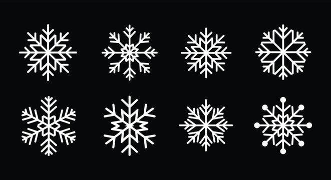 Collection of unique white snowflakes on a black background