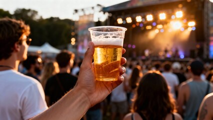 A joyful crowd gathers as a hand holds up a cup of beer, capturing the essence of a lively summer music festival during the beautiful evening light.