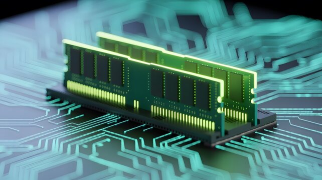 Computer RAM Memory Module on Motherboard Circuit Board Macro Technology Background