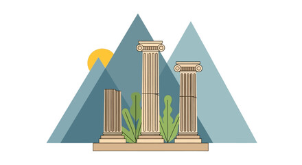 Obraz premium Stylized illustration of greek columns set against mountains and a sun