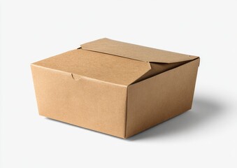 A square cardboard takeout container, partially closed, casting a shadow on a white surface