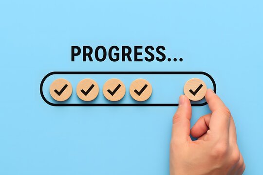 Hand places the final wooden checkmark on a progress bar, signifying task completion and success.