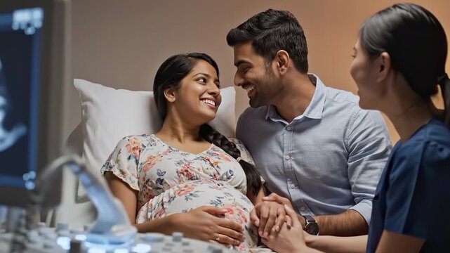 Happy indian couple experiencing pregnancy ultrasound with obstetrician in a modern hospital room, future parents looking at the sonogram screen with love and excitement