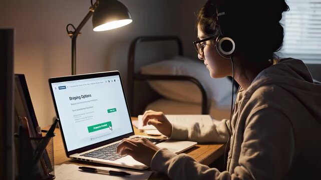 Focused female student with headphones and glasses shopping online for books on her laptop at night in her bedroom, proceeding to checkout and finalizing purchase