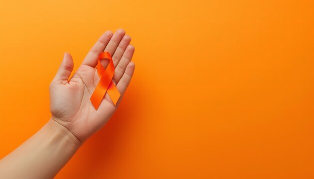 Hand holding orange awareness ribbon on solid orange background symbolizing support prevention and health campaign for social causes