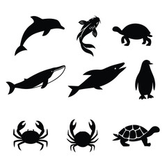 Obraz premium Sea Animal Silhouette Bundle: Dolphin, Whale, Turtle, and Crab Vectors