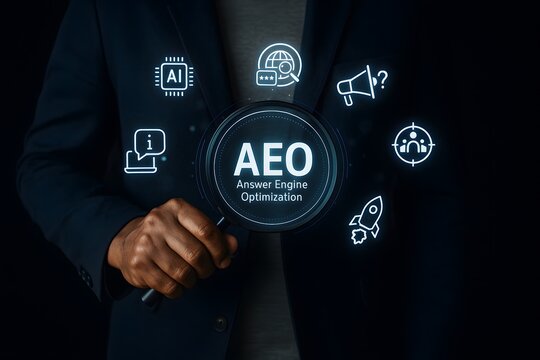 Person holds a magnifying glass displaying "aeo answer engine optimization" with marketing icons.