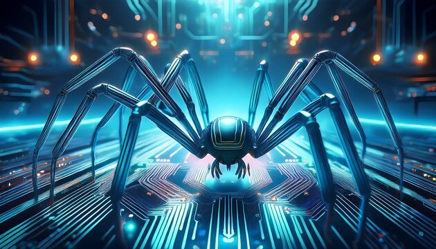 robotic spiders invade circuit board digital attack background