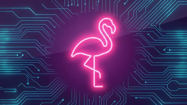 Neon pink flamingo silhouette glowing against dark circuit board background with teal traces retro futuristic neon sign and technology contrast evoking playful modern vibe neon pink flamingo sign