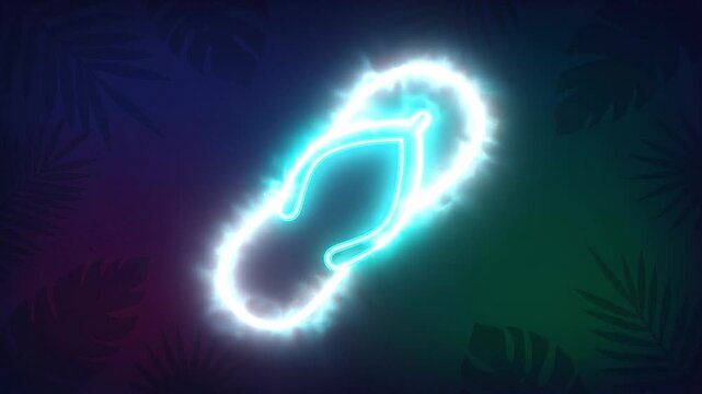 Neon flip flop silhouette glowing cyan and white with tropical leaf shadow pattern and moody gradient background conveying summer night vibe neon flip flop silhouette glowing turquoise and coral over