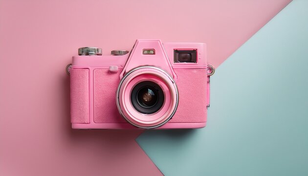 pink camera on pastel background
