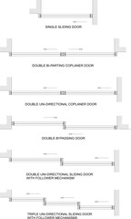 Sliding door collection, floor plan, symbol, single, double, triple coplanar, door layout, blueprint, editable stroke, vector