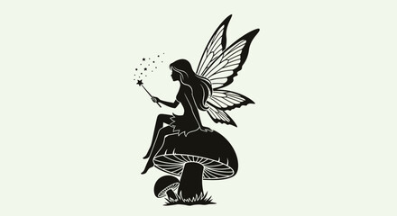 Elegant silhouette fairy sitting on a mushroom, holding a magic wand with sparkling dust, mystical fantasy art on a light green background. © Wida