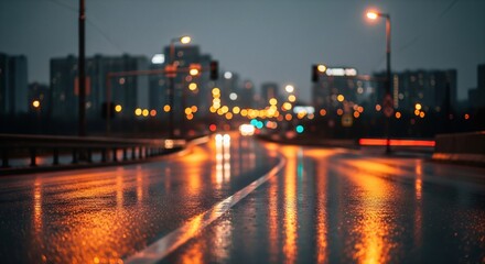 Obraz premium Rainy city street at dusk with blurred traffic lights and buildings
