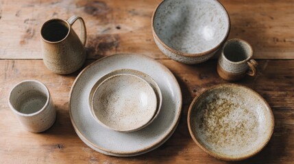 Collection of ceramic dishes and cups arranged on a wooden table. there are six pieces in total, including a pitcher, a bowl, a plate, a cup, and a saucer.