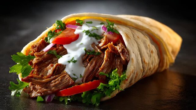 Delicious beef doner kebab wrapped in a warm pita bread with fresh vegetables and tzatziki sauce