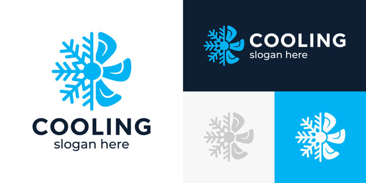 Simple cooling logo design template illustration. Snowflake with fan conditioning design graphic vector. Symbol, icon, creative.
