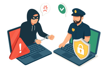 A police officer and a hacker negotiate on their laptops with security symbols