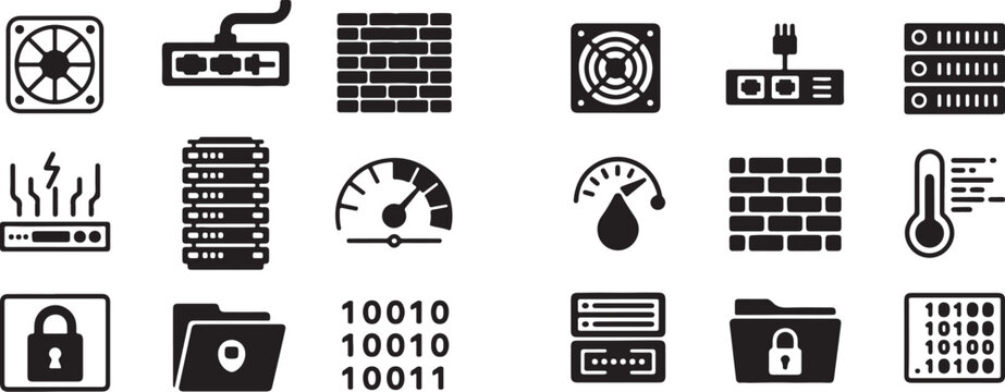 IT Infrastructure Line Icons &ndash; Server Rack, Ethernet Cable, Temperature Monitoring and Secure Storage Vector Pack.

