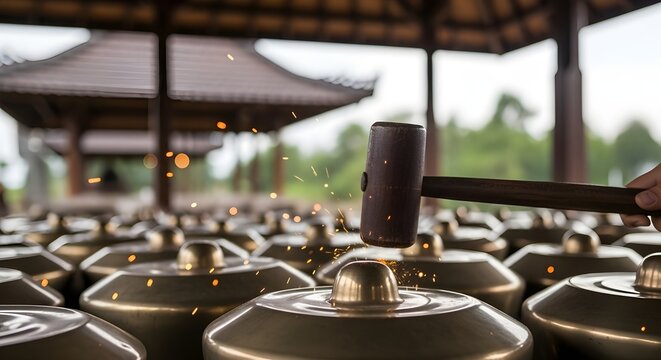Close-up of a traditional Indonesian Gamelan instrument (Bonang) being struck with a wooden mallet, creating artistic sparks in a traditional Javanese pavilion.