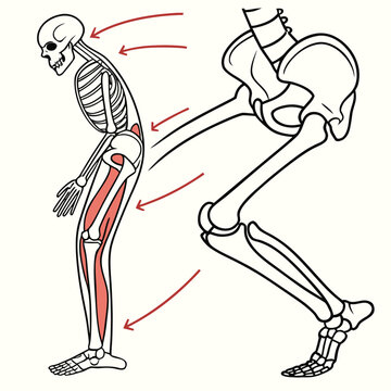 Human skeleton with highlighted muscles in red highlight