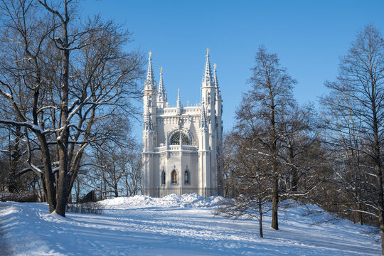 PETRODVORETS, RUSSIA - FEBRUARY 14, 2026: The Gothic Chapel of Prince Alexander Nevsky. Alexandria Park, Peterhof