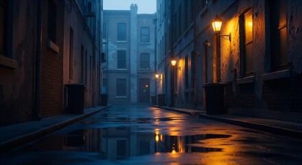 Moody urban alleyway at dusk with warm streetlights reflecting on wet pavement