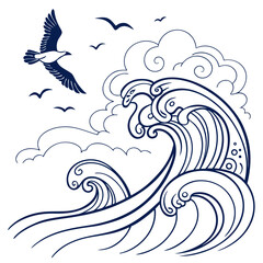 Fototapeta premium Navy blue of a large wave with seagulls flying overhead