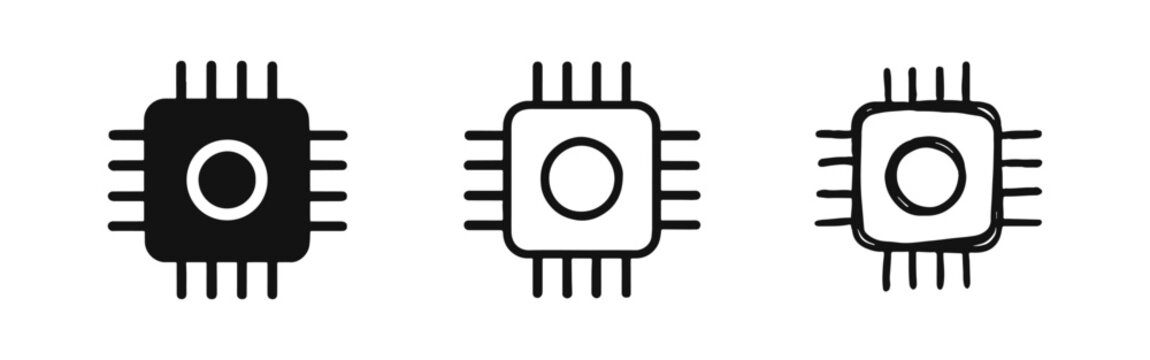 Microchip Processor Icon Set. CPU, Computer Chip, and Electronic Technology Symbol.