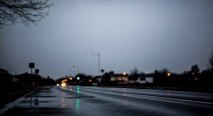 Fototapeta premium Rainy evening on empty city street with traffic lights