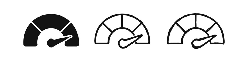 Speedometer gauge icon set. Performance indicator and data measurement symbol in solid, outline, and hand-drawn styles.