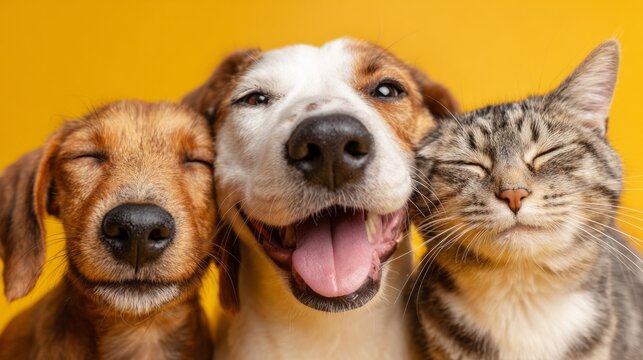 Veterinarian banner with pets, happy fluffy dogs and cat in veterinary clinic. Medical care for domestic animals