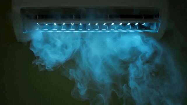 Blue smoke cold air flow drifting smoothly as if released from an air conditioner, soft translucent mist with glowing blue rays and gentle wind waves, fresh cooling atmosphere spreading across 