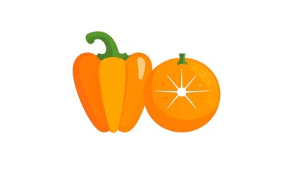 Simplified illustration features an orange bell pepper and a bright orange citrus fruit with a star-like design