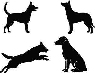 Four silhouette dogs in different poses
