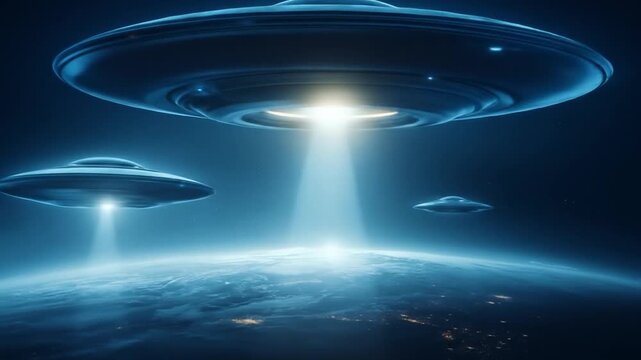 Unidentified flying objects hovering over a planet at night