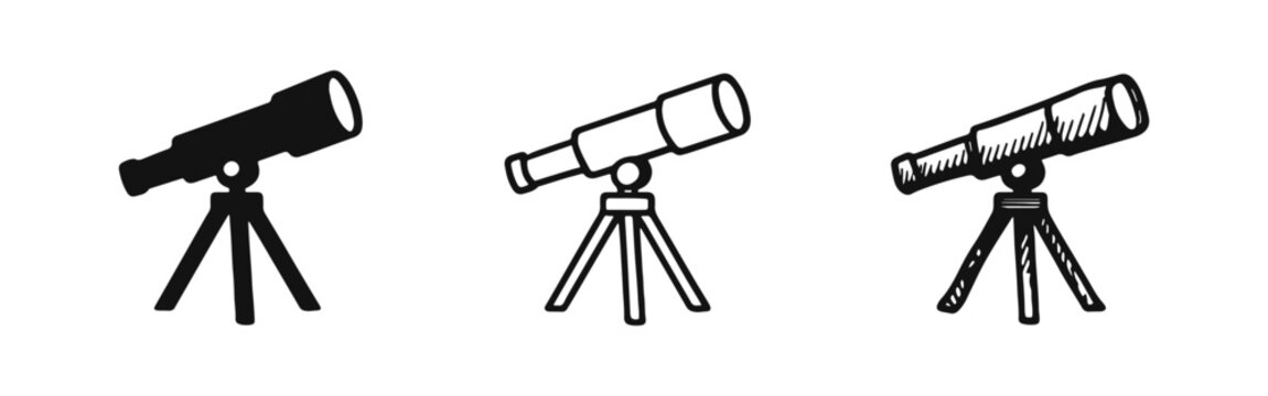 Set of 3 Telescope Icons in Solid, Outline, and Hand-Drawn Styles