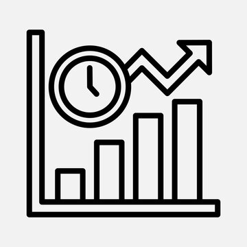 Line icon depicting business growth over time with a bar chart and a clock symbol.