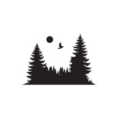 Fototapeta premium Minimal black silhouette forest landscape with bird and moon