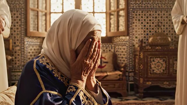 Elderly muslim woman praying salat in a beautiful traditional moroccan home, her family is standing around her during the religious islamic celebration of ramadan