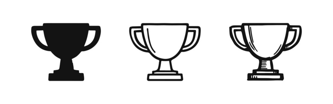 Trophy icon set. Award, winner, and success symbols in solid, outline, and hand-drawn styles.