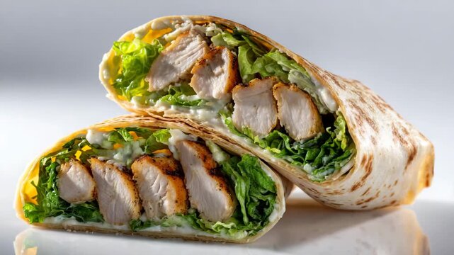 Delicious chicken caesar wrap cut in half on white surface with lettuce
