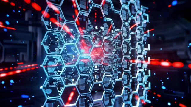 Hexagonal grid pattern emitting bright red data streams to represent secure digital information flow for corporate technology backgrounds.