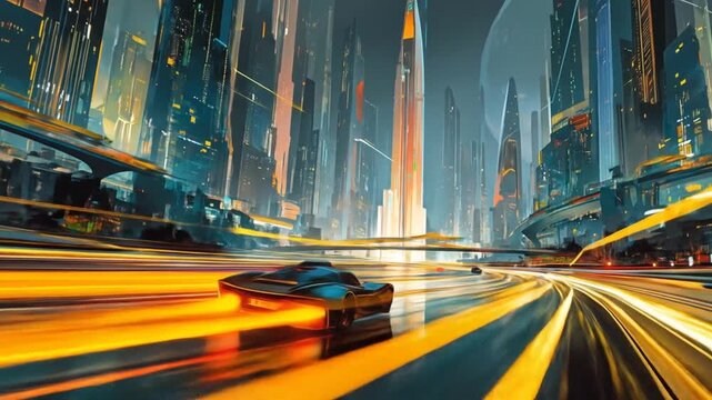 Futuristic cityscape with speeding vehicle on illuminated highway