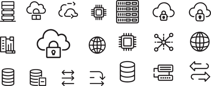 Cloud Technology Icon Collection &ndash; Database Storage, Locked Cloud, Network Globe and CPU Processor Vector.

